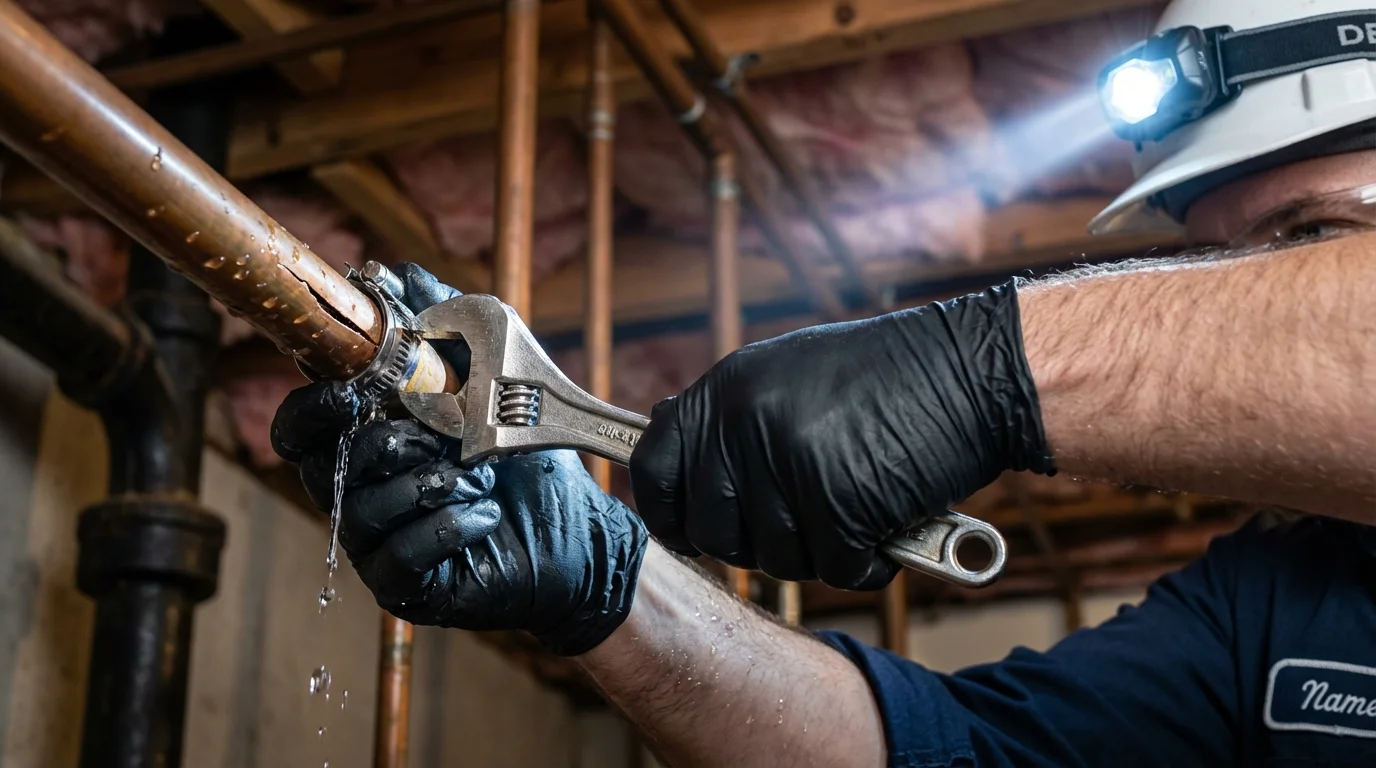 Emergency pipe clamp repair being performed by a Johns Plumbing LLC plumber in Giddings