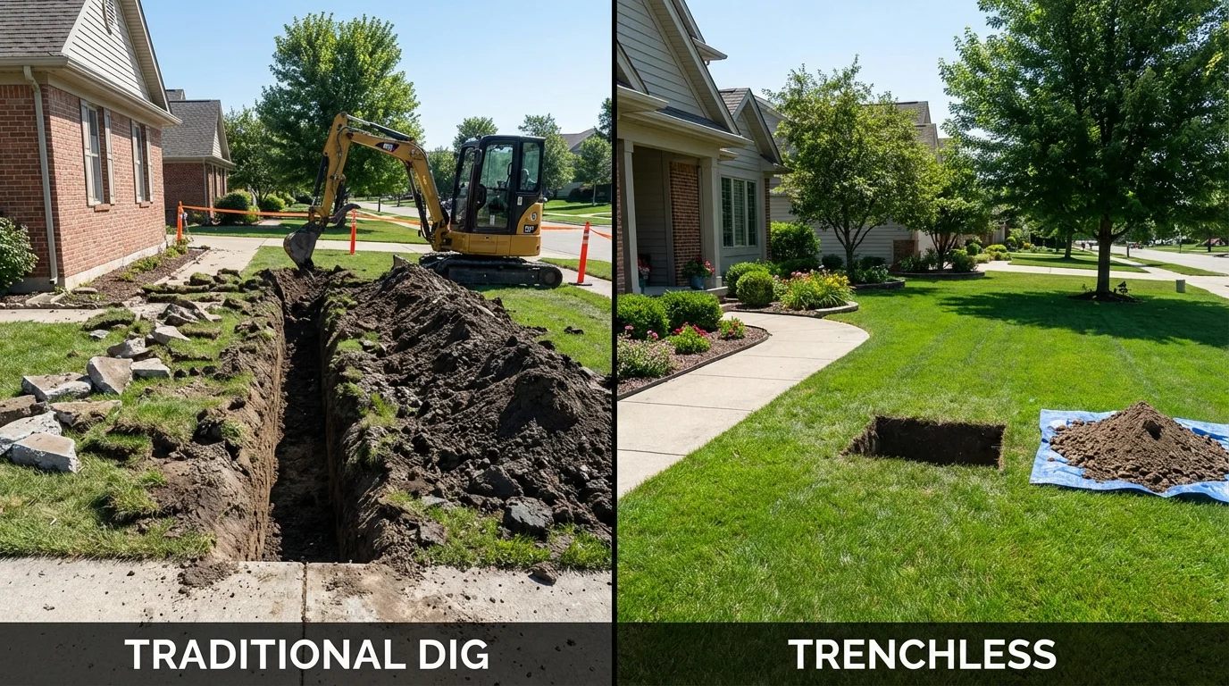 Trenchless sewer repair with minimal yard damage versus traditional excavation in Giddings, TX