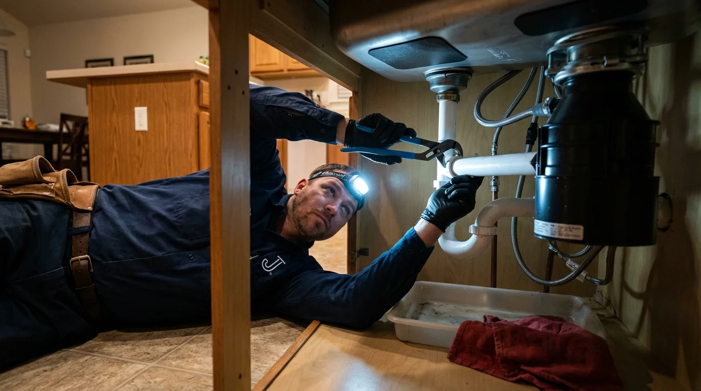 P-trap and supply line connections under a kitchen sink showing a common leak point in Giddings, TX